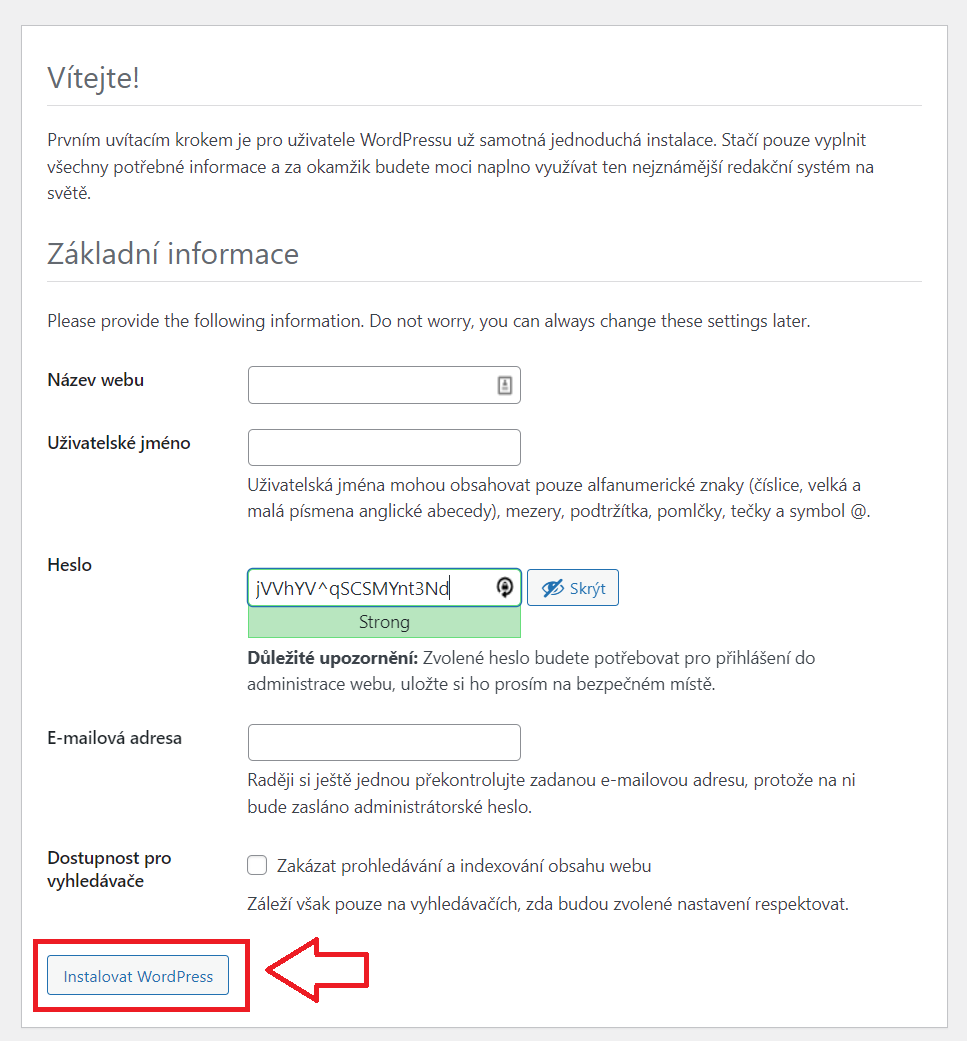 instalace WordPressu - krok 2