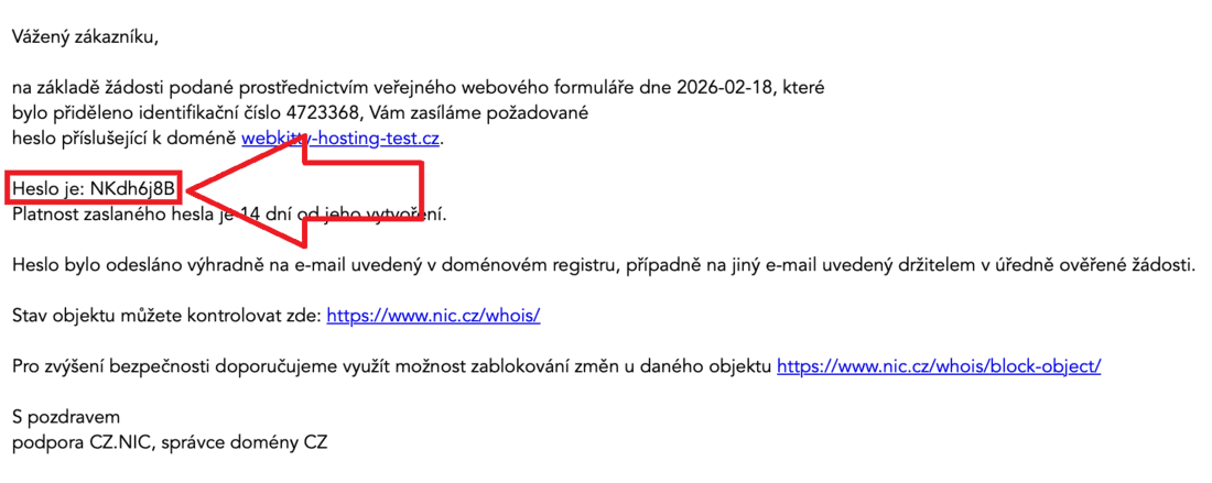 Jak převést doménu k Webkitty - krok - heslo pro převod české domény
