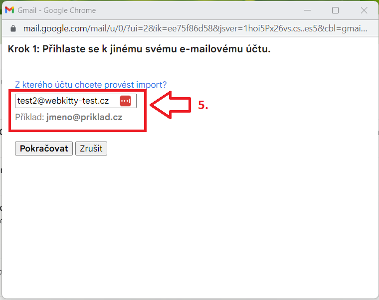 Nastavení importu pošty do Gmailu - krok 3