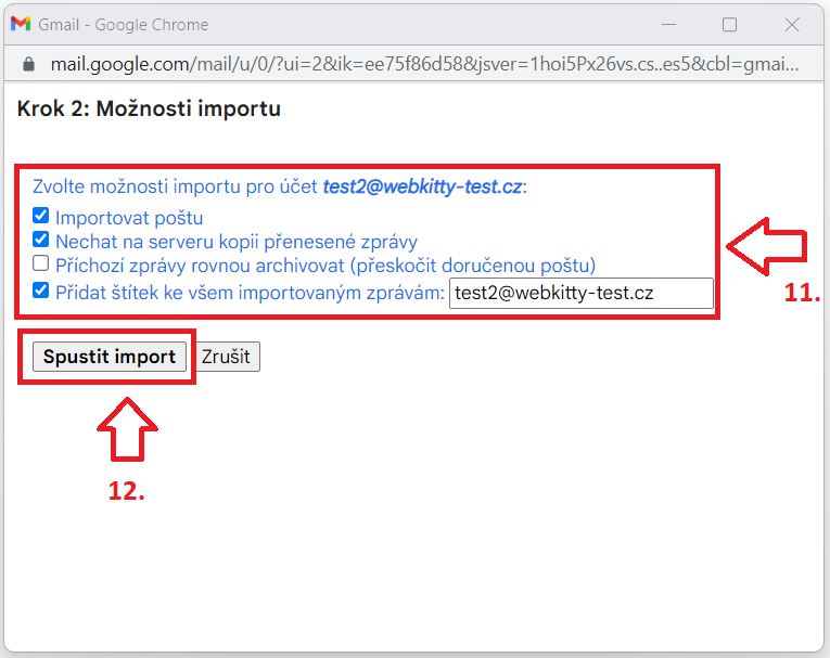 Nastavení importu pošty do Gmailu - krok 5