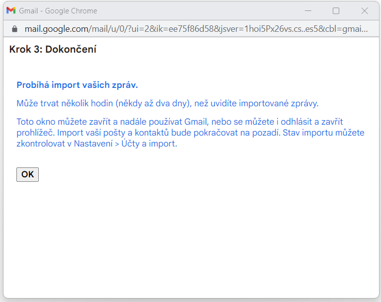 Nastavení importu pošty do Gmailu - krok 6