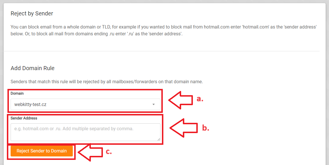 Reject by sender - domény