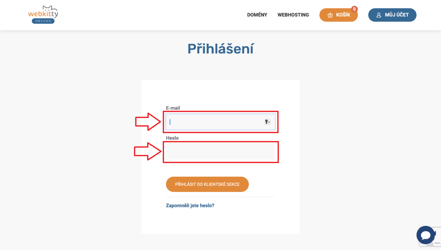 Přihlášení do klientské zóny obchodu - krok 2