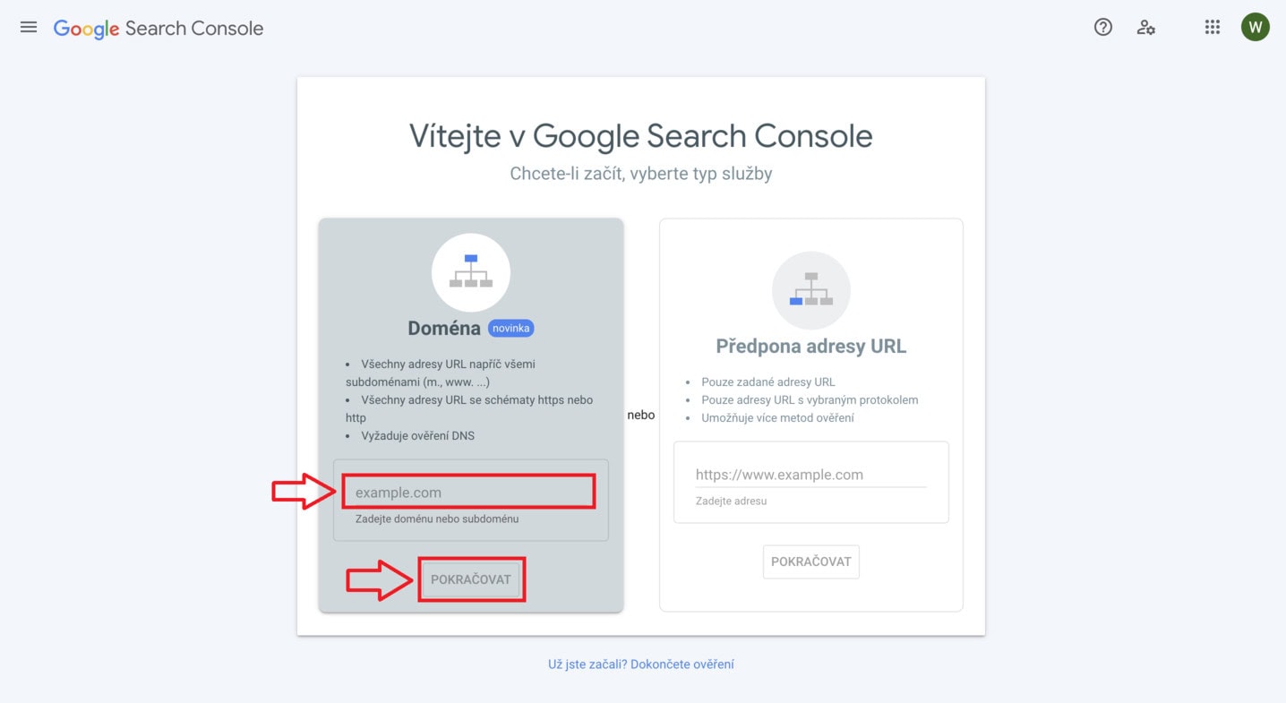 Jak nastavit Google Search Console na web - krok 2