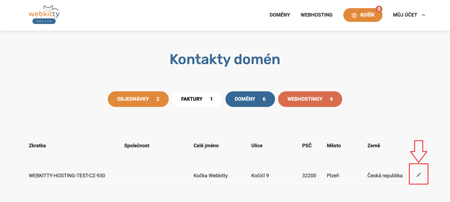 Jak si změnit kontaktní údaje u domény - krok 3