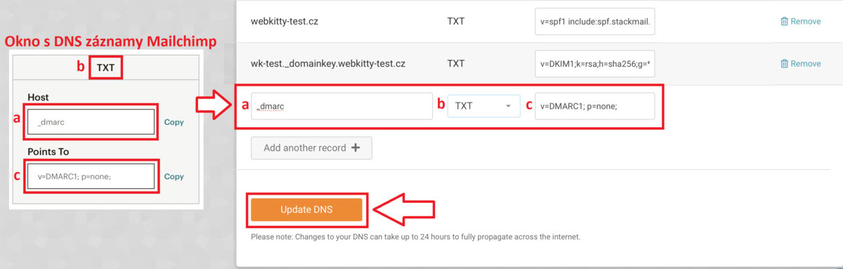 Nastavení DNS záznamů pro Mailchimp - krok 5