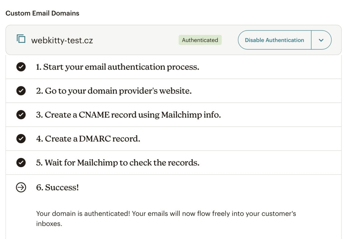 Nastavení DNS záznamů pro Mailchimp - krok 6