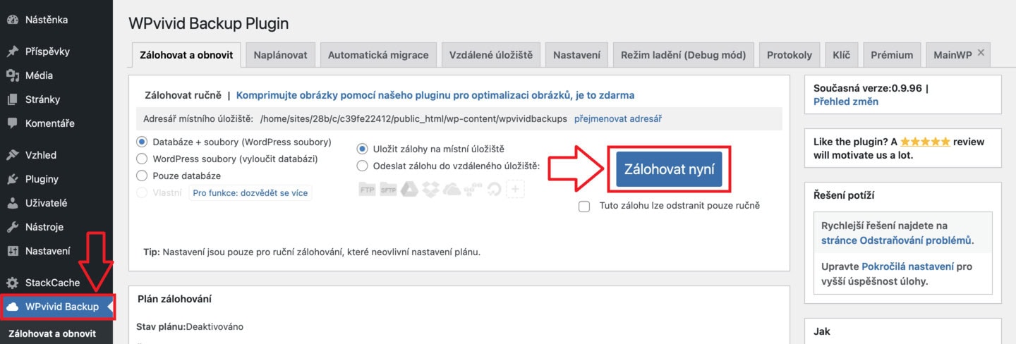 Zálohování a migrace webu pomocí pluginu WPvivid - krok 1