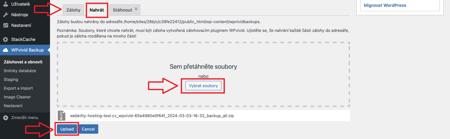 Zálohování a migrace webu pomocí pluginu WPvivid - krok 3