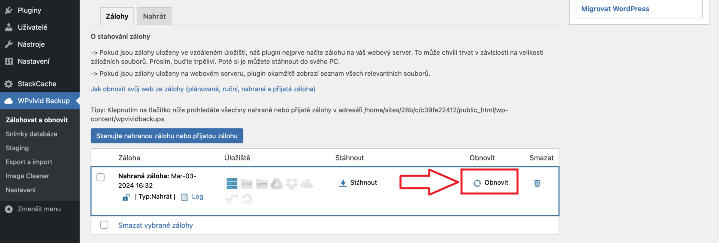 Zálohování a migrace webu pomocí pluginu WPvivid - krok 4