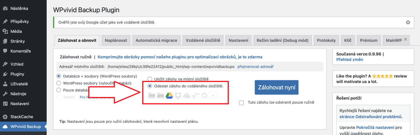 Zálohování a migrace webu pomocí pluginu WPvivid - krok 6