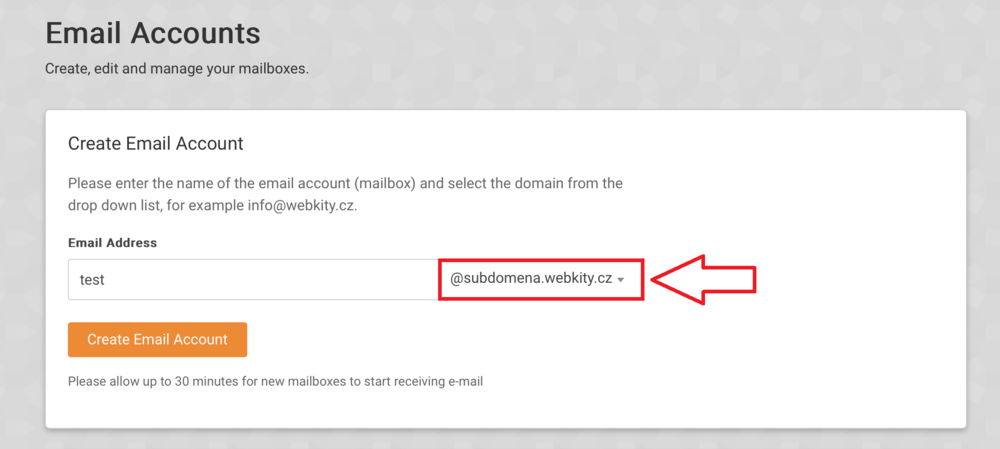 Vytvoření e-mailové schránky na subdoméně - krok 1