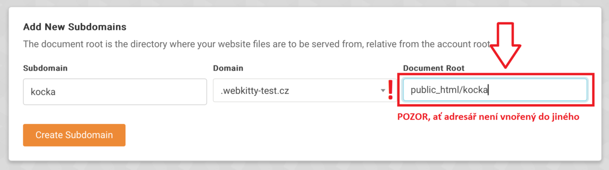 Změna kořenového adresáře domény a subdomény - krok 8