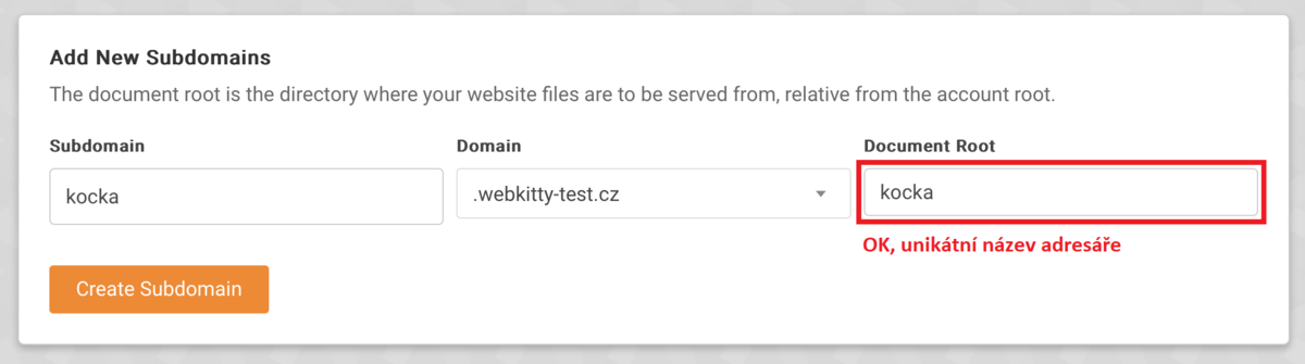 Změna kořenového adresáře domény a subdomény - krok 8
