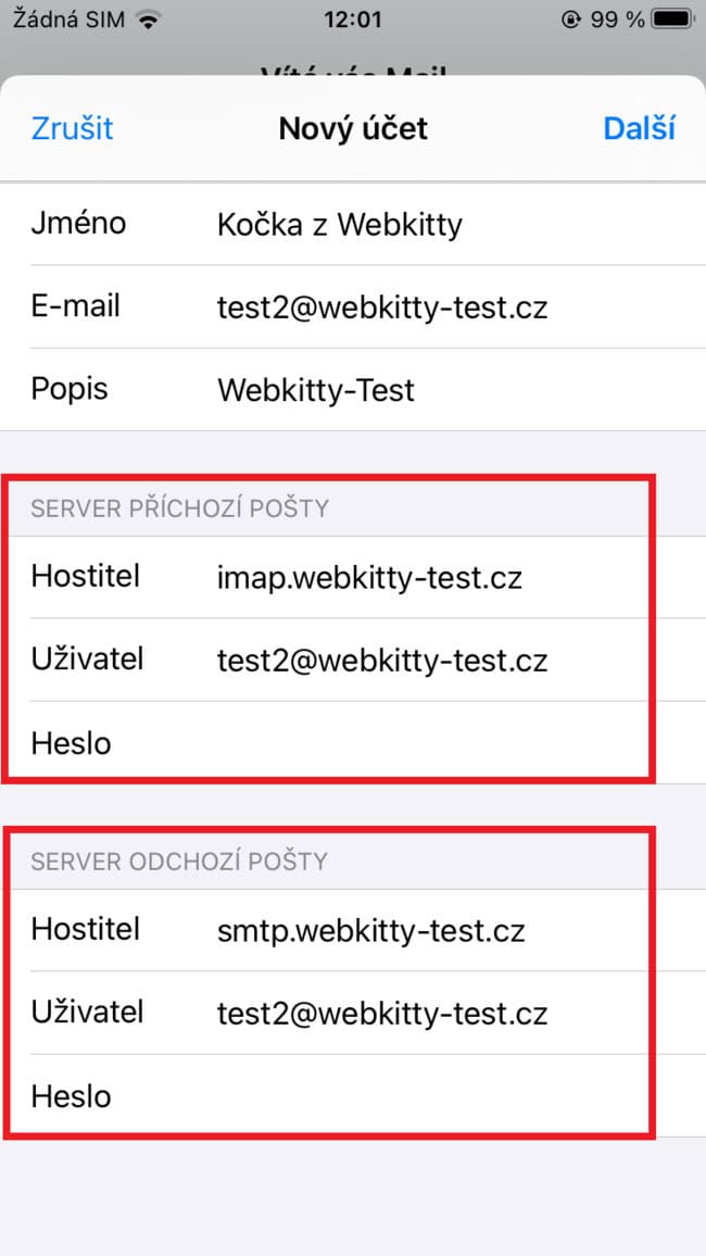 Nastavení e-mailu v Apple Mail na iPhone - krok 3