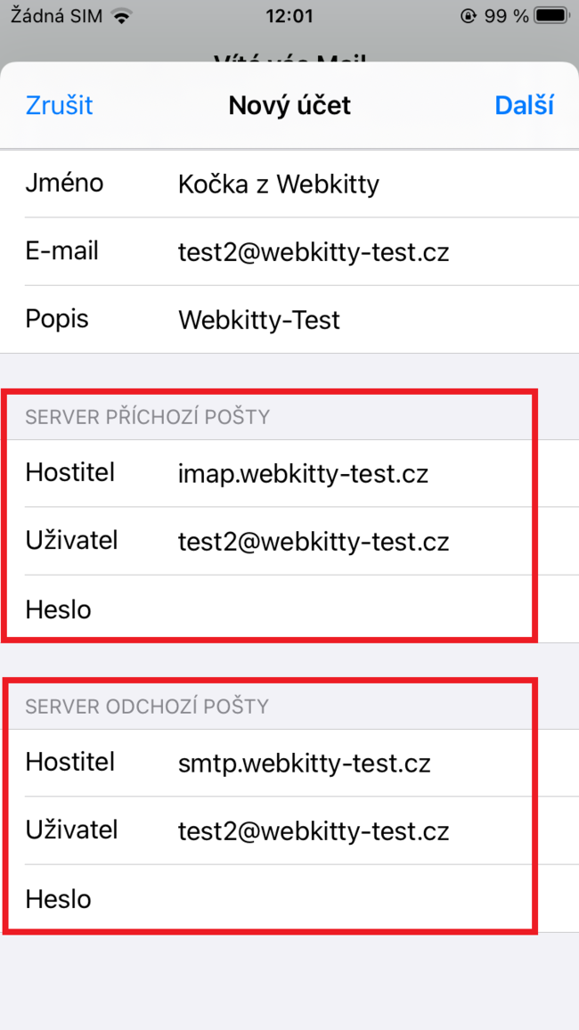 Nastavení e-mailu v Apple Mail na iPhone - krok 3