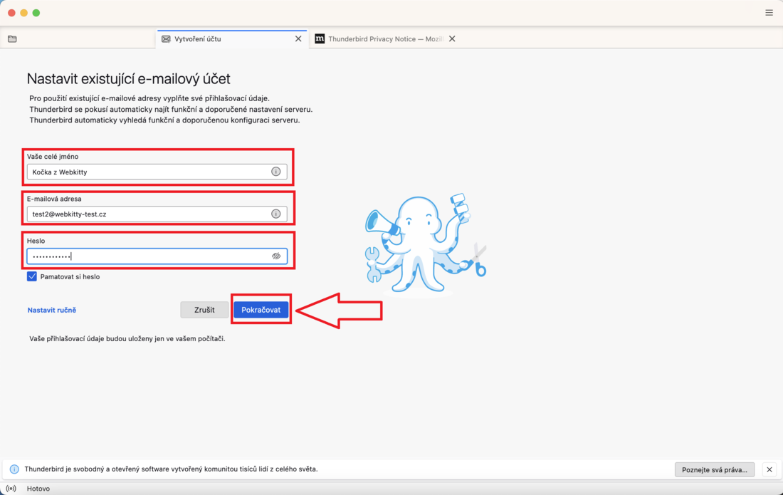 Nastavení e-mailu v Thunderbird - krok 2