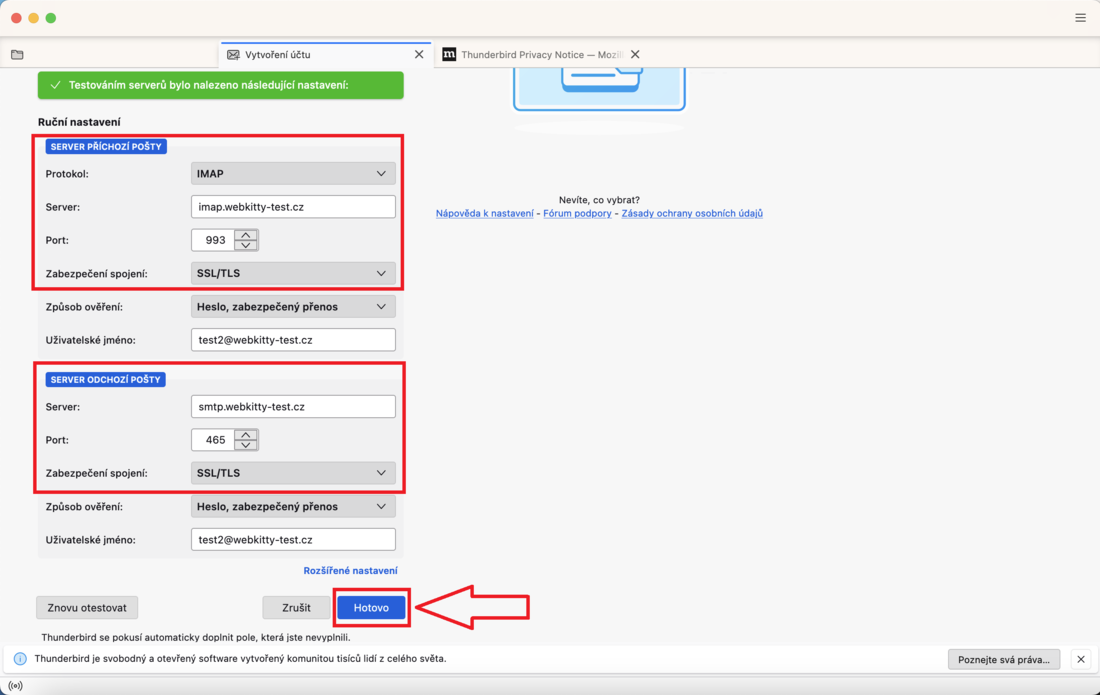 Nastavení e-mailu v Thunderbird - krok 4