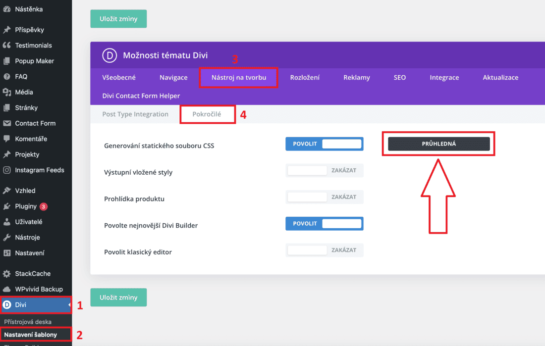 Vymazání mezipaměti webu - DIVI - krok 3