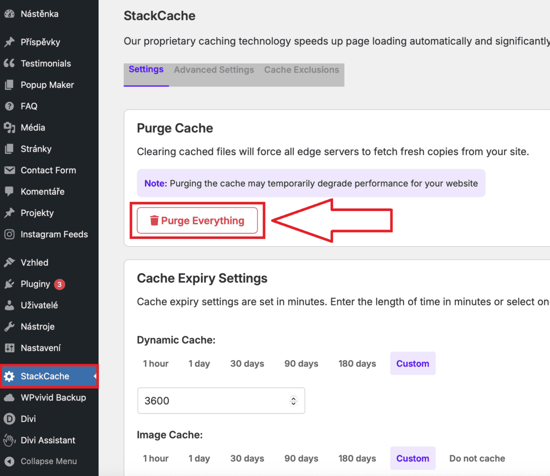Vymazání mezipaměti webu - Stack Cache - krok 1